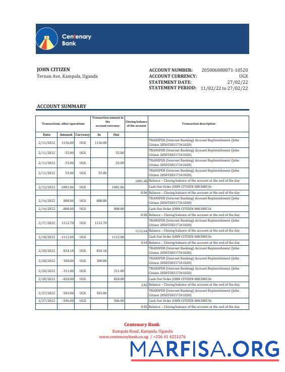 Downloadable Uganda Centenary bank statement, Excel and PDF template